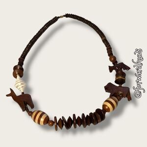 Vintage African-Style Wood Animal Carving Necklace